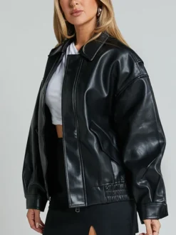 Womens Black Aviator Leather Bomber Jacket Side