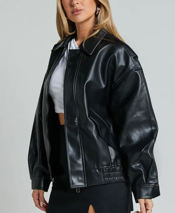 Womens Black Aviator Leather Bomber Jacket Side