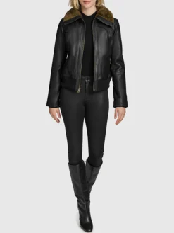 Womens Black Aviator Leather Bomber Jacket Stand Up 1