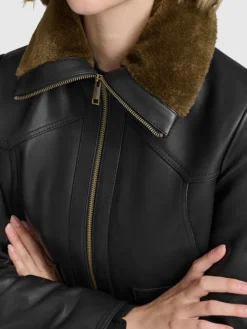 Womens Black Aviator Leather Bomber Jacket With Fur Collar
