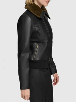 Womens Black Aviator Leather Bomber Jacket With Fur Collar Side