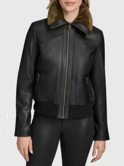 Womens Black Aviator Leather Bomber Jacket Zipper 1