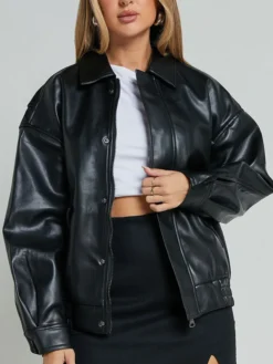 Womens Black Aviator Leather Bomber Jacket Zipper