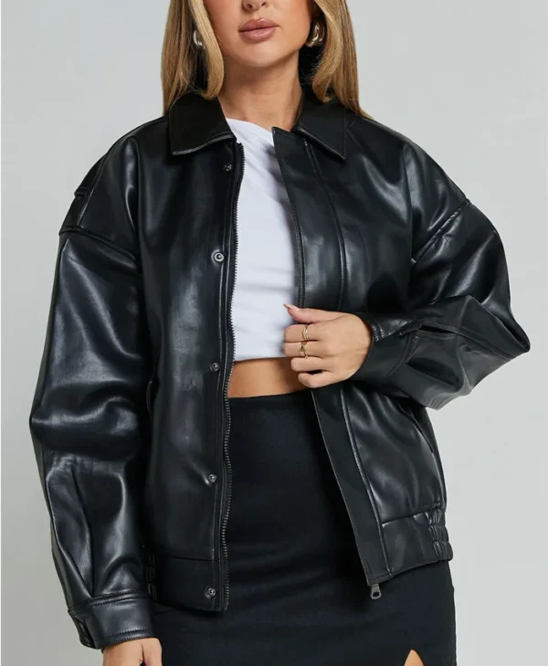 Womens Black Aviator Leather Bomber Jacket Zipper