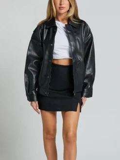 Womens Black Aviator Leather Bomber Jacket stand up