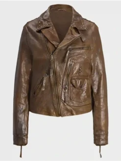 Womens Brown Distressed Biker Leather Jacket