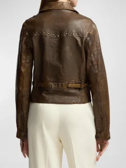 Womens Brown Distressed Biker Leather Jacket Back