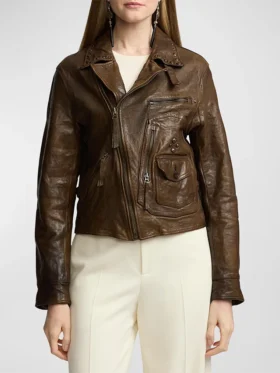 Womens Brown Distressed Biker Leather Jacket Main 