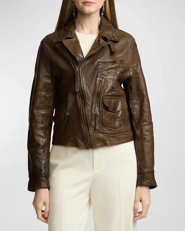Womens Brown Distressed Biker Leather Jacket Main
