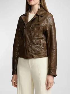 Womens Brown Distressed Biker Leather Jacket Side