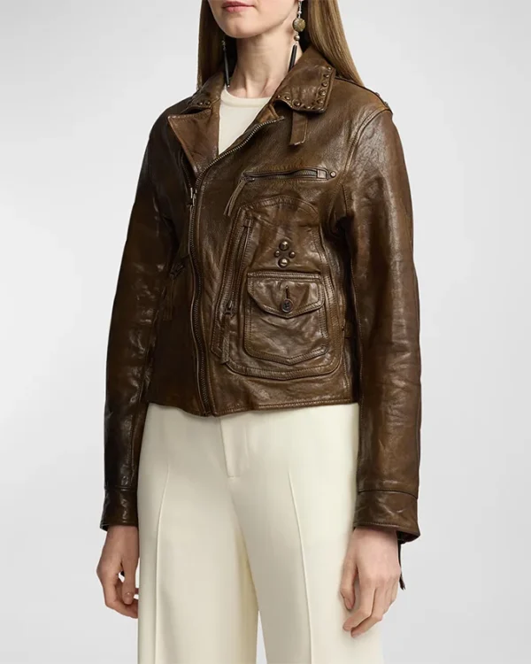 Womens Brown Distressed Biker Leather Jacket Side