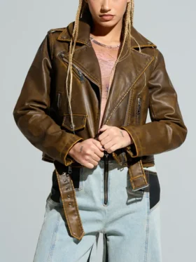 Womens Brown Distressed Moto Biker Jacket