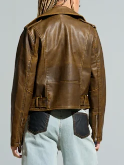 Womens Brown Distressed Moto Biker Jacket Back