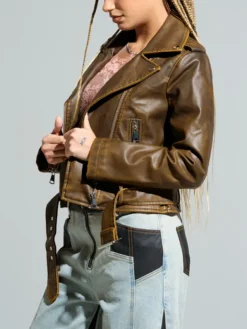 Womens Brown Distressed Moto Biker Jacket Side