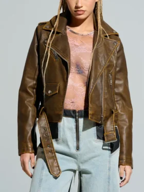 Womens Brown Distressed Moto Biker Jacket Zipper