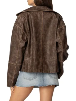 Womens Brown Oversized Distressed Leather Jacket Back