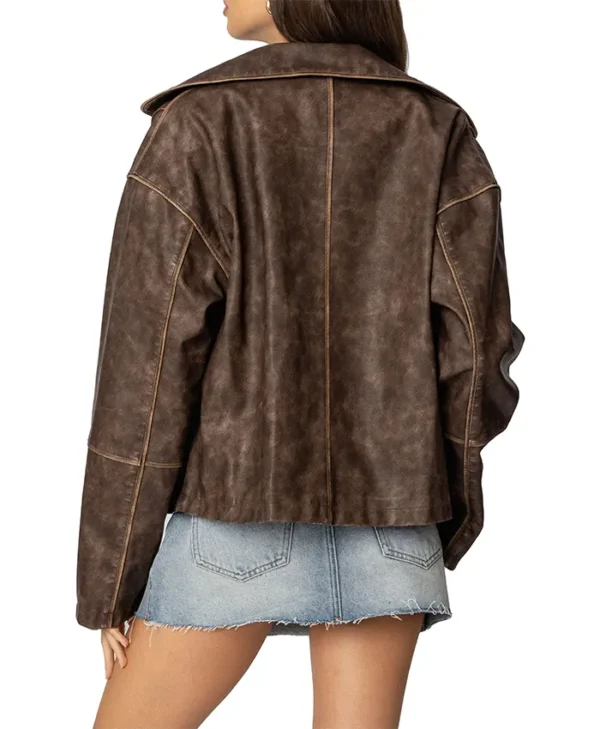 Womens Brown Oversized Distressed Leather Jacket Back