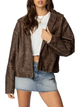 Womens Brown Oversized Distressed Leather Jacket Main