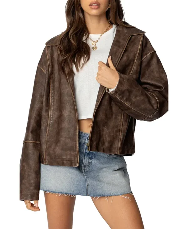 Womens Brown Oversized Distressed Leather Jacket Main