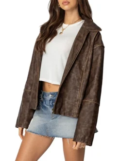 Womens Brown Oversized Distressed Leather Jacket Side