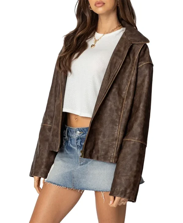 Womens Brown Oversized Distressed Leather Jacket Side