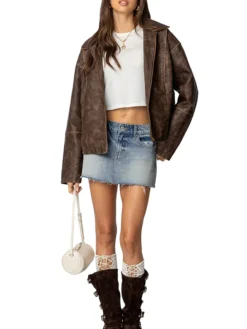 Womens Brown Oversized Distressed Leather Jacket Style