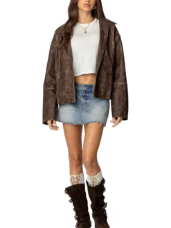 Womens Brown Oversized Distressed Leather Jacket Walk