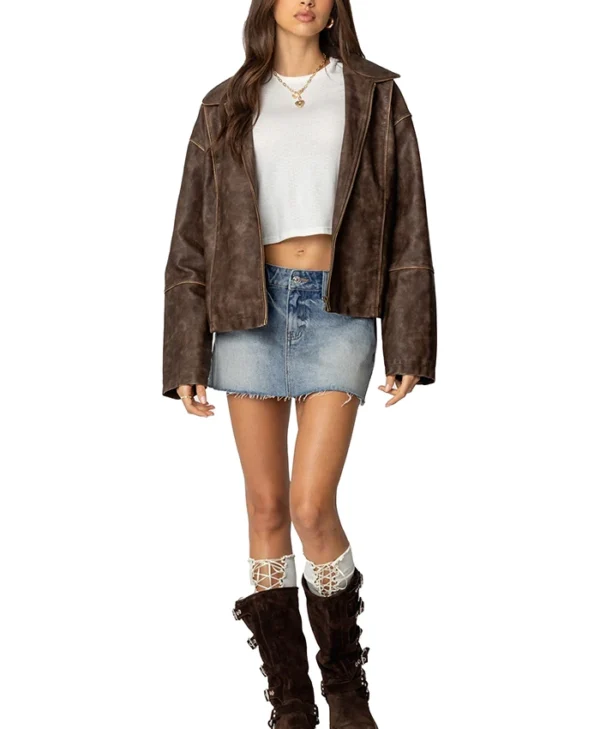 Womens Brown Oversized Distressed Leather Jacket Walk