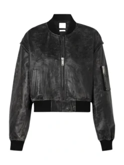 Womens Cropped Distressed Leather Bomber Jacket
