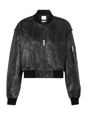 Womens Cropped Distressed Leather Bomber Jacket