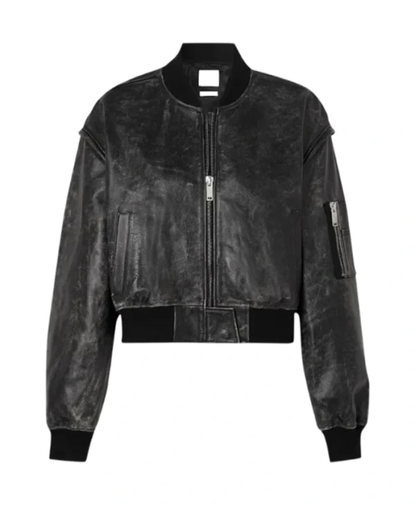 Womens Cropped Distressed Leather Bomber Jacket