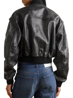 Womens Cropped Distressed Leather Bomber Jacket Back
