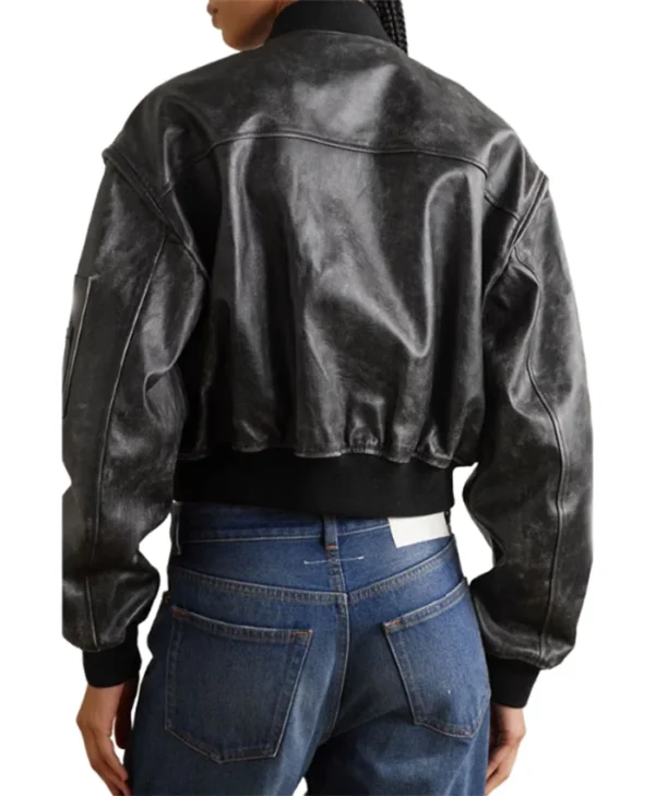 Womens Cropped Distressed Leather Bomber Jacket Back