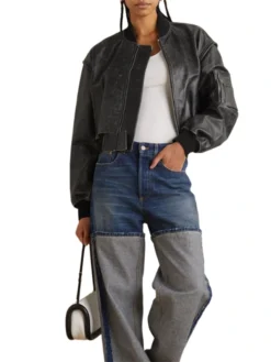 Womens Cropped Distressed Leather Bomber Jacket Stand