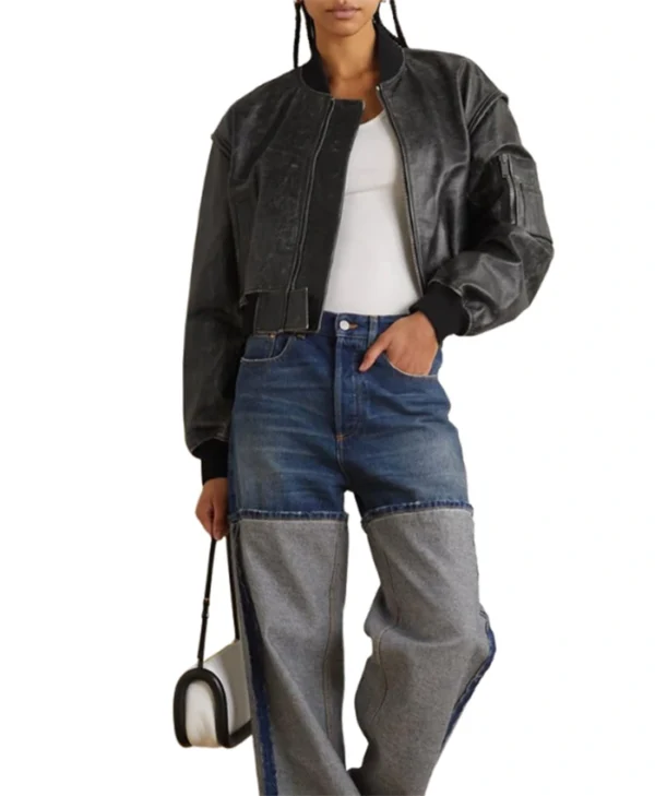 Womens Cropped Distressed Leather Bomber Jacket Stand