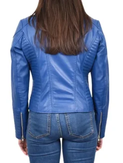 Womens Electric Navy Blue Biker Leather Jacket Back