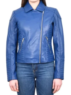 Womens Electric Navy Blue Biker Leather Jacket Closure