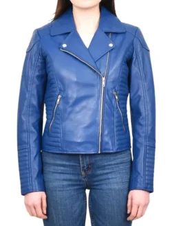 Womens Electric Navy Blue Biker Leather Jacket Main