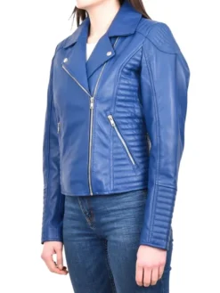 Womens Electric Navy Blue Biker Leather Jacket Sleeves