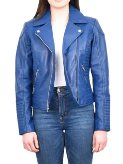 Womens Electric Navy Blue Biker Leather Jacket Zipper