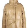 Beige Faux Leather Puffer Jacket