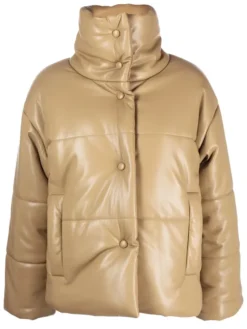 Beige Faux Leather Puffer Jacket