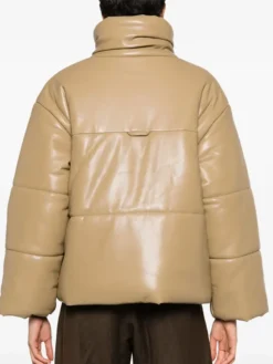 Beige Faux Leather Puffer Jacket Back