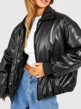 Black Faux Leather Bomber Jacket
