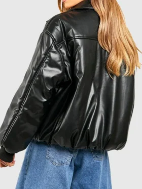 Black Faux Leather Bomber Jacket Back