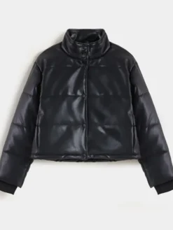 Black Faux Leather Puffer Jacket