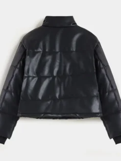 Black Faux Leather Puffer Jacket Back