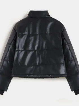 Black Faux Leather Puffer Jacket Back