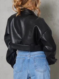 Black Oversized Cropped Leather Jacket Back