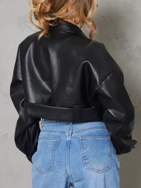 Black Oversized Cropped Leather Jacket Back